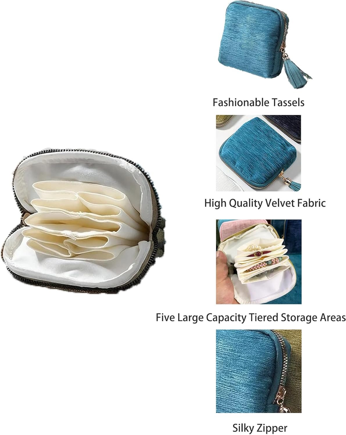 Private Label Valentine's Day Small Travel Jewelry Case, High-End Tassel Velvet Anti-Scratch Custom Logo Zipper Pouch, Large-Capacity Portable Storage Bag for Rings Earrings Bracelets Women's Gift from Manufacturer (Sage Green)
