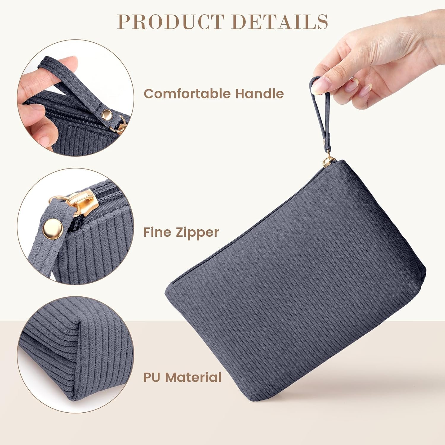 Custom Logo Small Corduroy Makeup Bag, Private Label Cosmetic Pouches for Purse Keys Lipstick Cards Data Cable Organizer Supplier (Grey,Small)