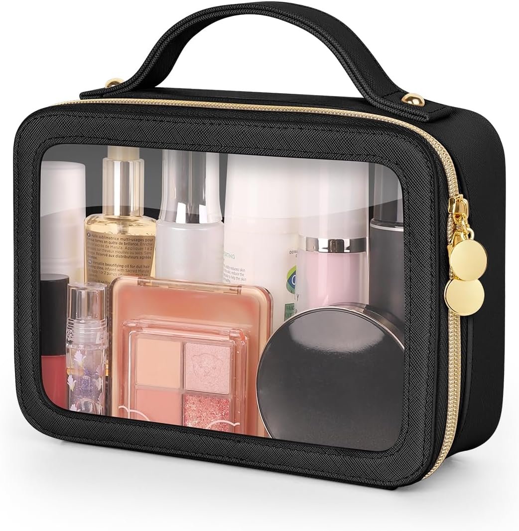 Private Label Clear Portable Makeup Bag with Custom Logo, Waterproof Transparent Leather Toiletry Organizer for Women, Multipurpose Travel Cosmetic Medium Black Manufacturer