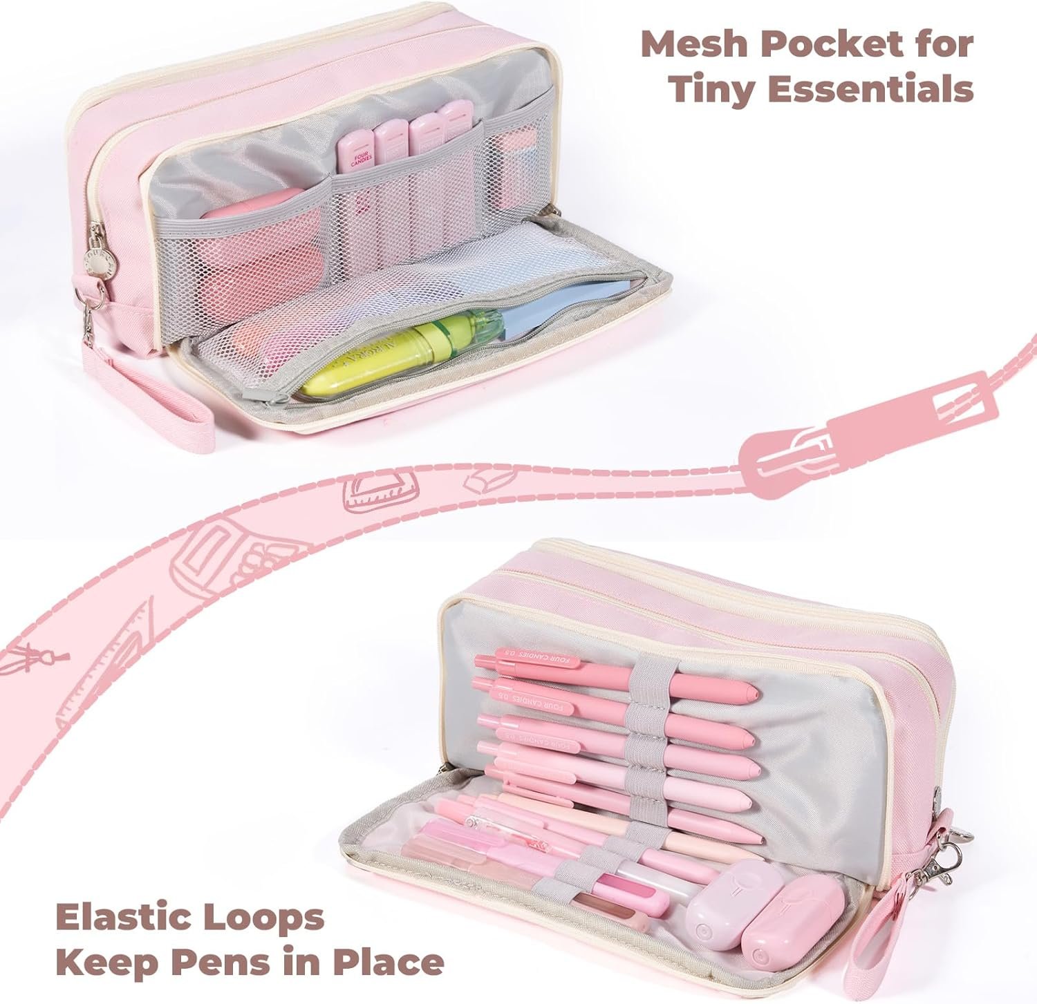 Private Label Large 3 Compartment Pink Pencil Case with Removable Handle and Zipper Custom Logo Big Stationery Organizer Pencil Pouch for Markers Office College Manufacturer