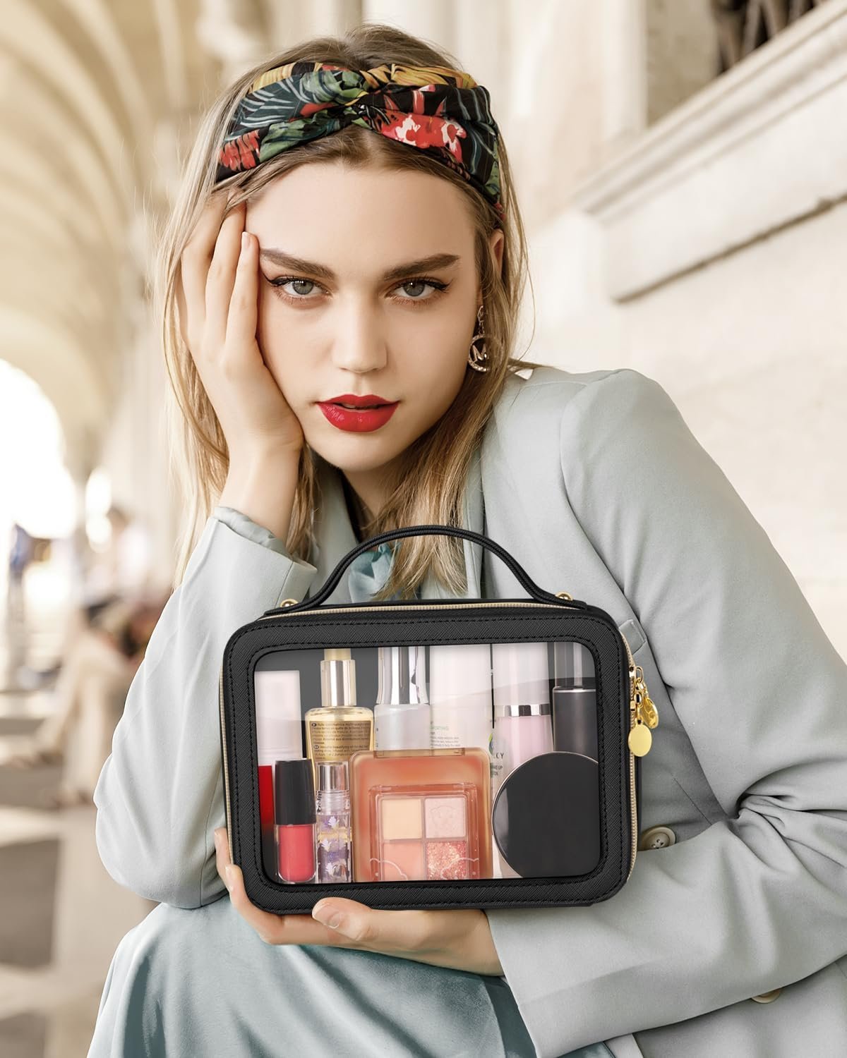 Private Label Clear Portable Makeup Bag with Custom Logo, Waterproof Transparent Leather Toiletry Organizer for Women, Multipurpose Travel Cosmetic Medium Black Manufacturer