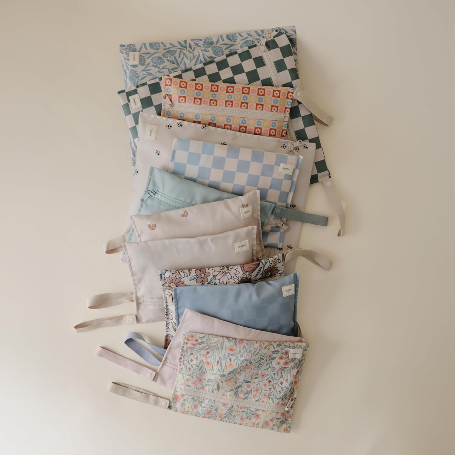 Private Label Water Resistant Wet Bags | Large & Small Reusable Storage Bag for Baby Items and Travel | Custom Logo Zippered Pockets with Handle | Machine Washable Set of 2 from Manufacturer (Olive Check)