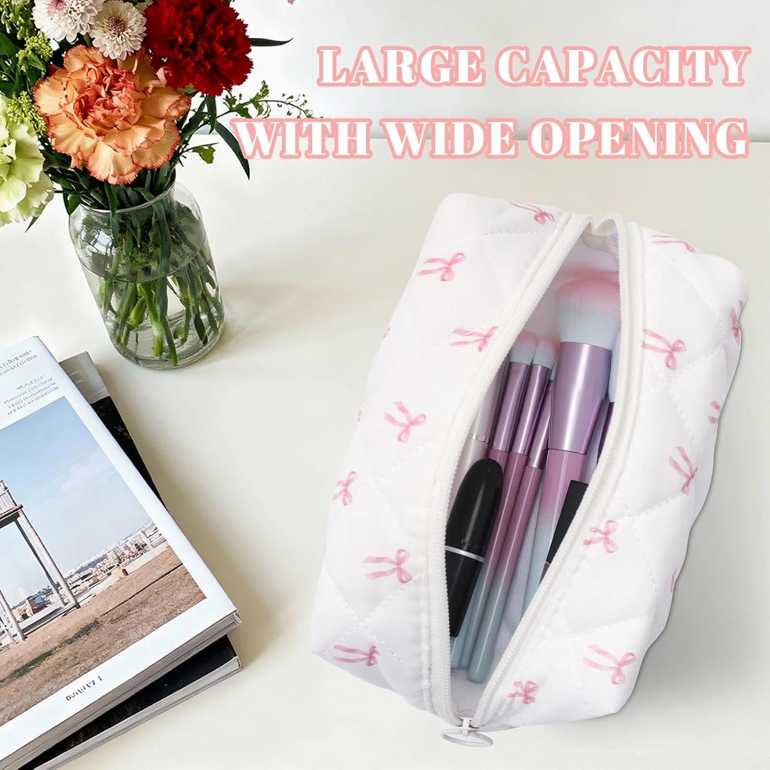 Custom Logo Quilted Makeup Bag, Private Label Pink Bow Cotton Cosmetic Bag, Factory Coquette Makeup Pouch for Women Girls Aesthetic Organizer Travel Toiletry Bags