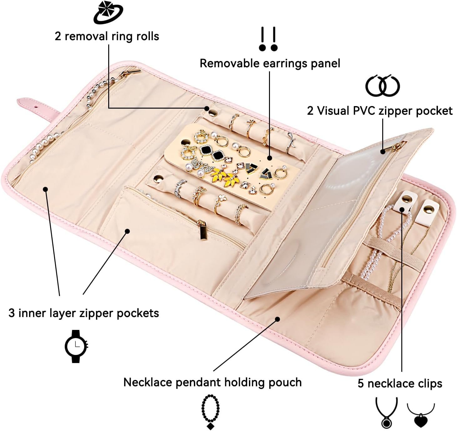 Private Label Travel Jewelry Organizer Case Manufacturer Large Foldable Storage Pouch Roll for Necklaces Rings Earrings Bracelets Custom Logo Light Pink