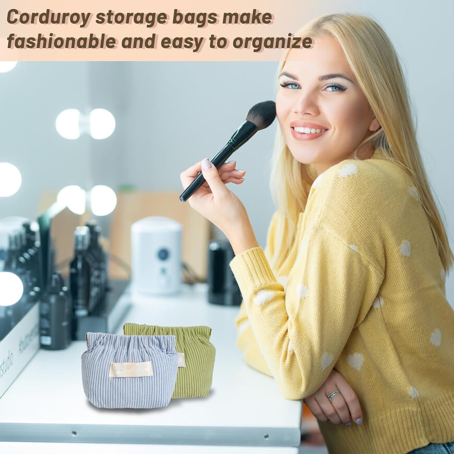 Custom Logo 7-IN-1 Corduroy Makeup Bag Set (6 Bags + 1 Mirror) Squeeze-to-Open Private Label Mini Pouch for Purse No-Zipper Cosmetic Bag for Hair Ties Lipsticks Aesthetic Travel Organizer for Women Manufacturer