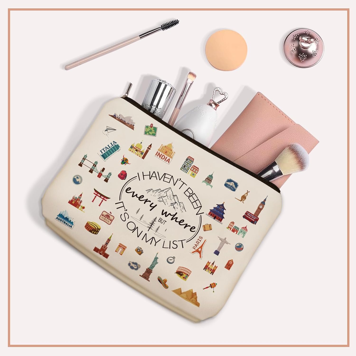 Private Label Cute Makeup Bag for Women Travelers I Haven't Been Everywhere But It's On My List Custom Logo Cosmetic Pouch Supplier Direct Travel Gift