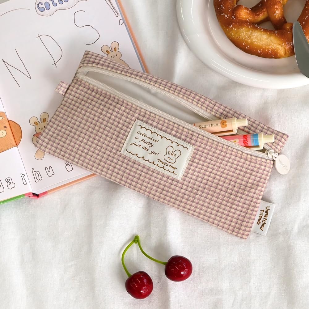 Custom Logo Vintage Pink Fabric Check Pencil Case Series 2 Soft Cushioned Portable Pencil Pouch Office Bag Private Label Manufacturer