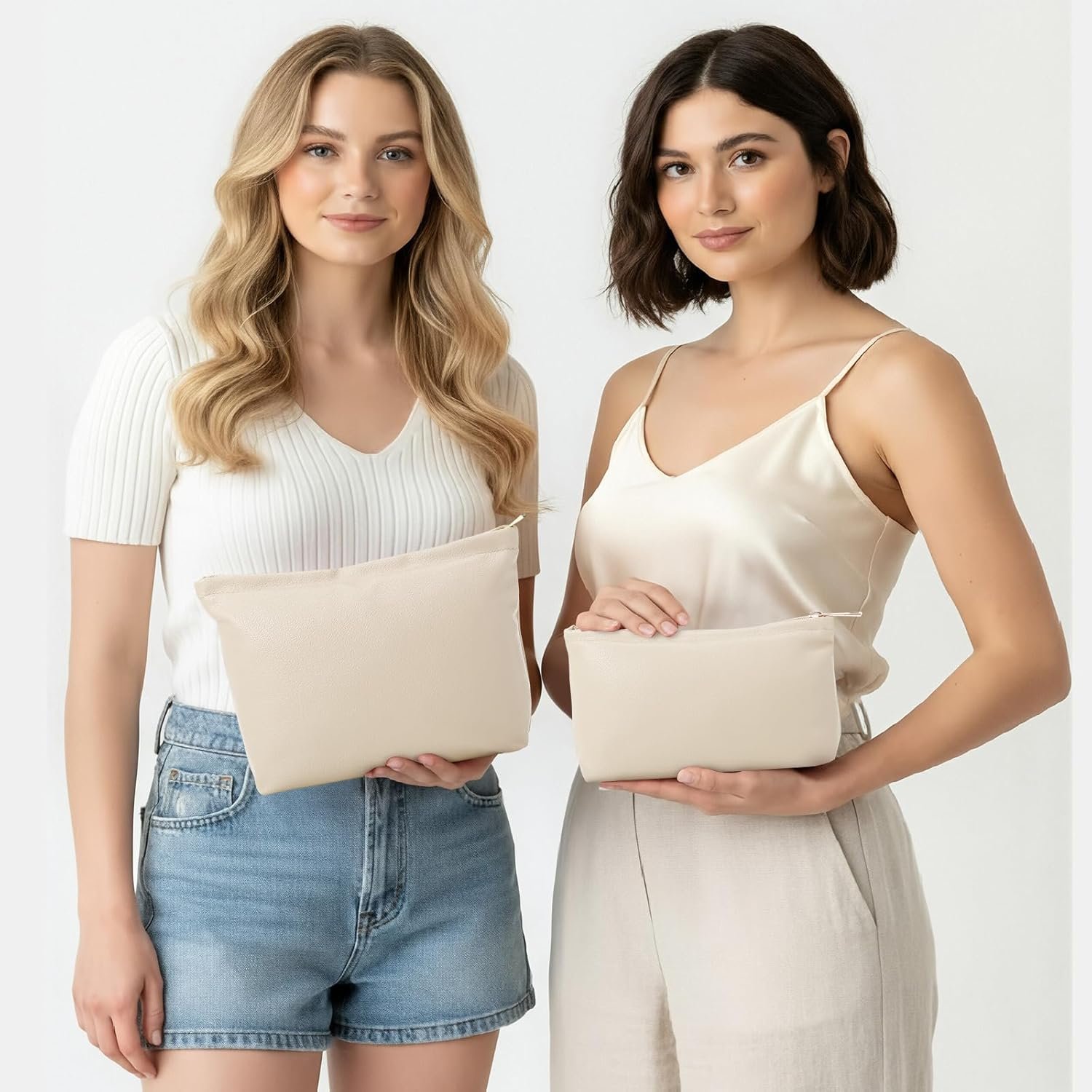 Private Label 2 Pcs Small PU Leather Makeup Bag Set for Purse Cosmetic Travel Toiletry Pouch Aesthetic Preppy Organizer Storage Supplier Custom Logo Valentine Women Gift Beige