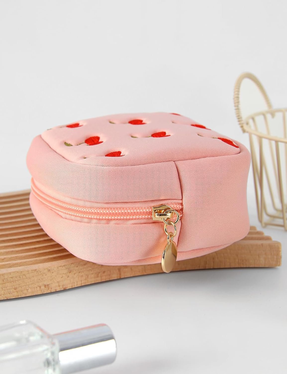 Custom Logo Pink Mini Period Bag for Teen Girls Private Label Sanitary Napkin Storage Small Cherry Embroidery Makeup Bag Factory