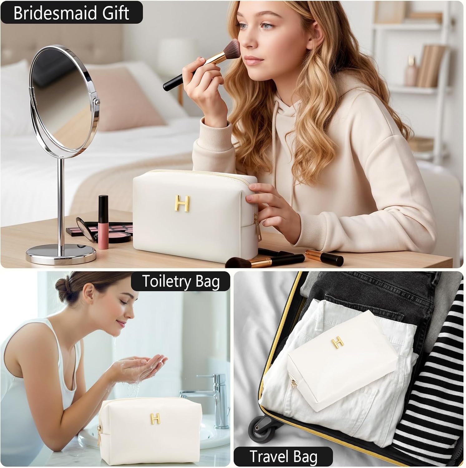 Custom Logo PU Leather Monogram Makeup Bag Personalized Cosmetic Travel Toiletry Pouch for Women Girls Bridesmaids Private Label Christmas Birthday Wedding Gifts Stocking Stuffers Manufacturer (H)