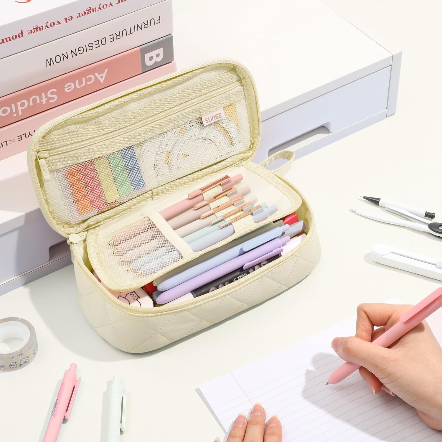 Custom Logo Cute Pencil Case Large Capacity Pencil Pouch Aesthetic Zipper Pencil Bag Private Label Big Storage Pen Organizer Soft Quilted Pencil Box Back to School Supplies for Teen Girls Boys Cream Manufacturer