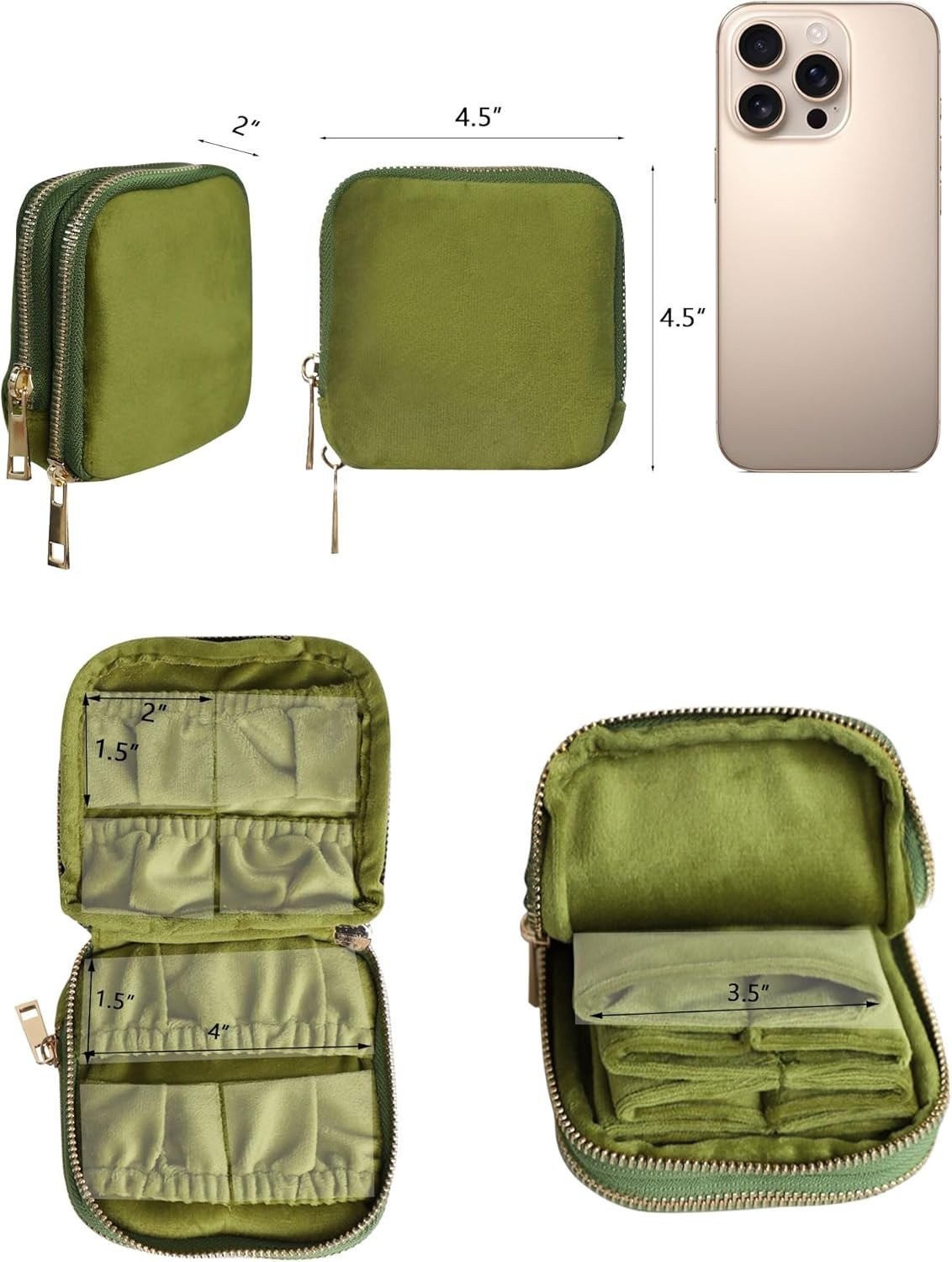 Private Label Compact Travel Jewelry Organizer Storage Case Manufacturer for Rings Earrings Necklace Bracelets Portable Velvet Pouch with Double Zippers Accessories Travel Essential Custom Logo Gift for Women Green