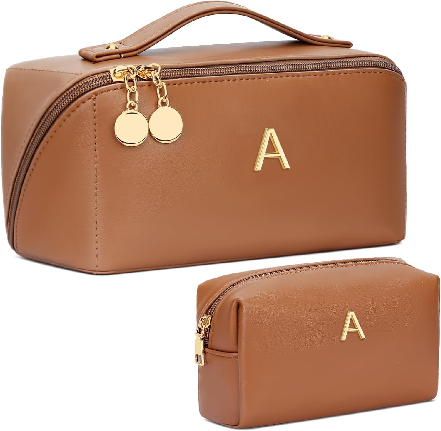 Private Label Birthday Gifts for Women and Teen Girls, Custom Logo Personalized Initial Makeup Organizer Bag Set, Open Flat Travel Cosmetic Bag with Clear Divider and Handle (Brown,A) Manufacturer