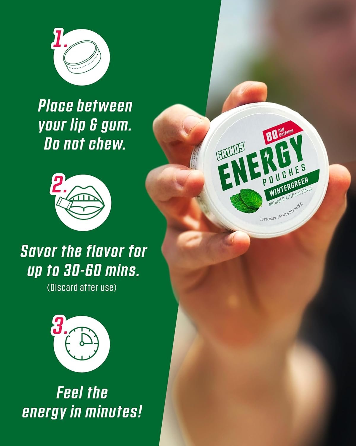 Private Label Natural Caffeine Energy Pouches - B-Vitamins Sugar-Free 0 Calories 80mg Caffeine Per Pouch - Custom Logo Wintergreen Peach Sour Apple - Manufacturer 3 Pack 15 Pouches Per Can