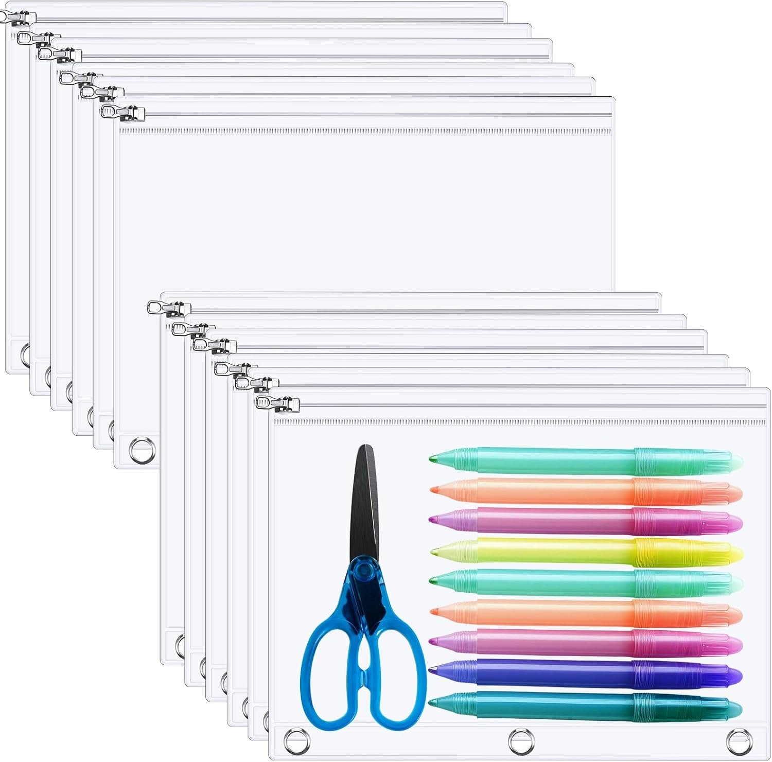 Custom Logo 24 Pack Clear Zipper Pencil Pouch for 3 Ring Binder Private Label 10 x 7'' Pocket Insert Visible Cash Envelope Bag with Reinforced Grommet for Office Manufacturer