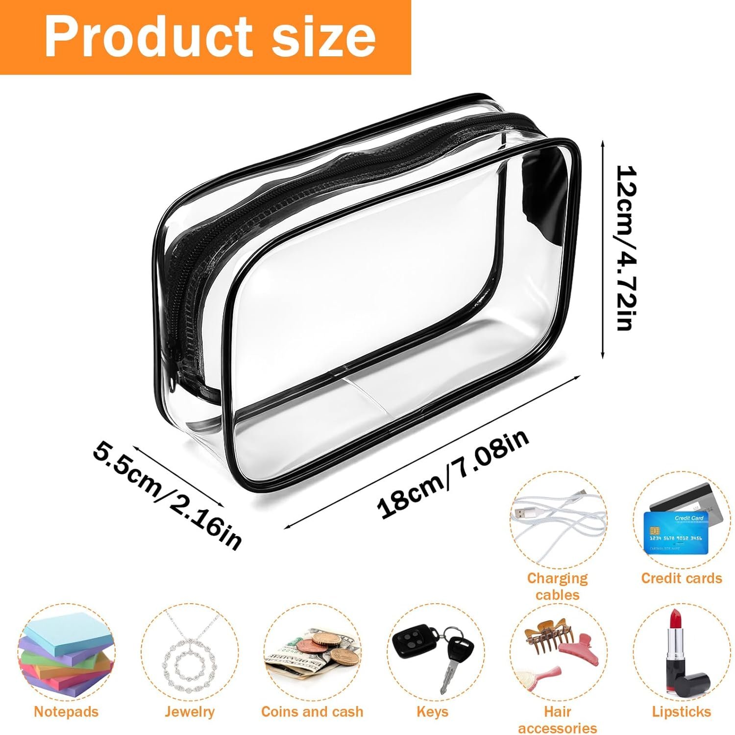 Private Label 2Pcs Big Clear Toiletry Bags with Zipper Custom Logo Multi-use Travel Makeup Brush Bags Transparent PVC Cosmetic Cases Supplier (Black)