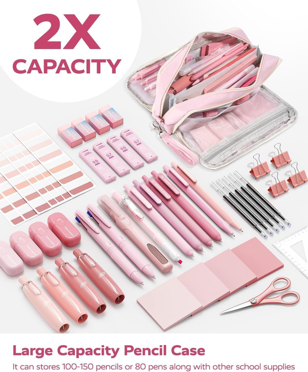 Private Label Large 3 Compartment Pink Pencil Case with Removable Handle and Zipper Custom Logo Big Stationery Organizer Pencil Pouch for Markers Office College Manufacturer