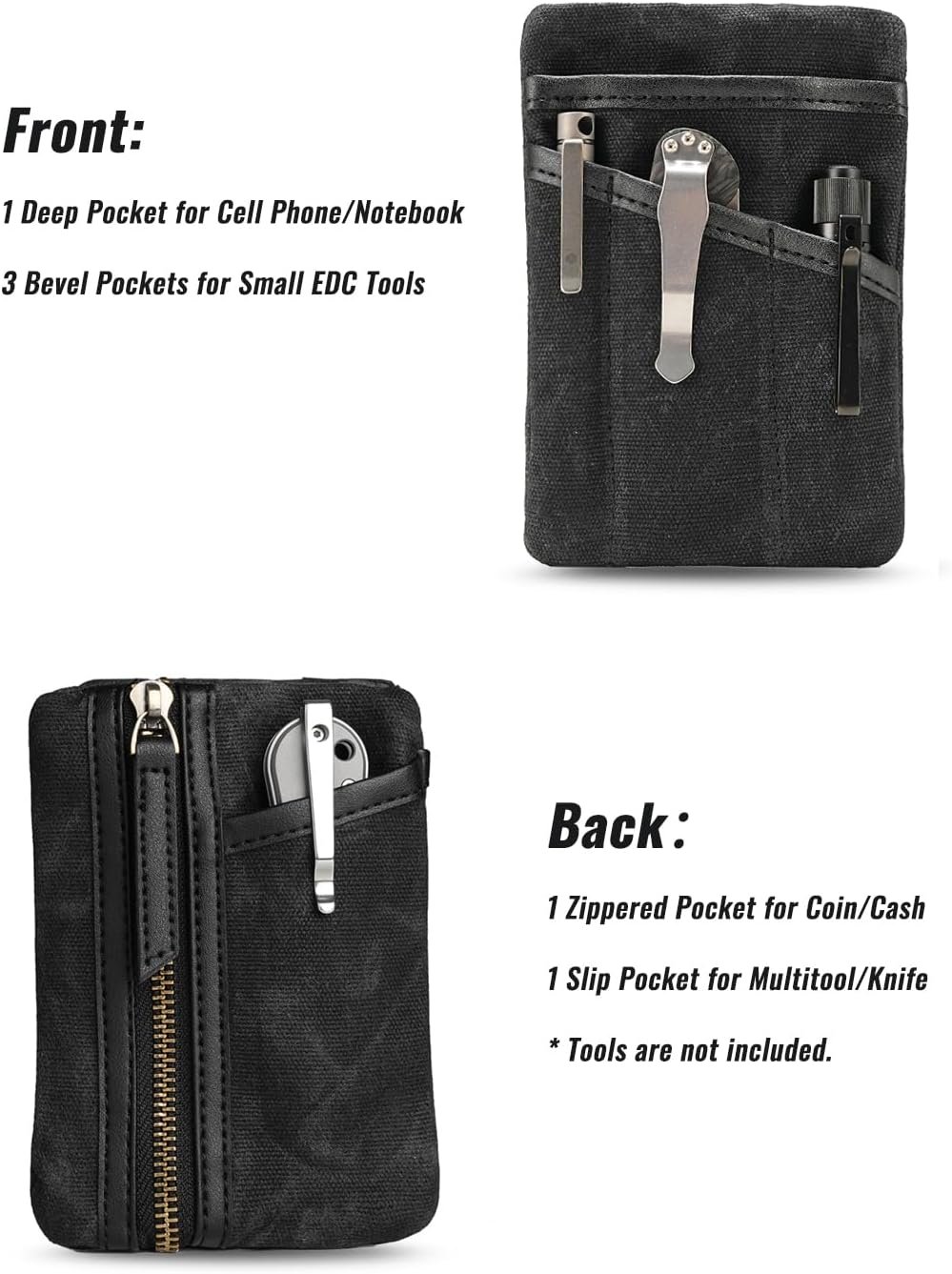 Private Label Waxed Canvas EDC Pouch Compact Pocket Organizer for Men, Custom Logo Zippered Mini Multitool Everyday Carry Pouch Oil Wax Black from Manufacturer
