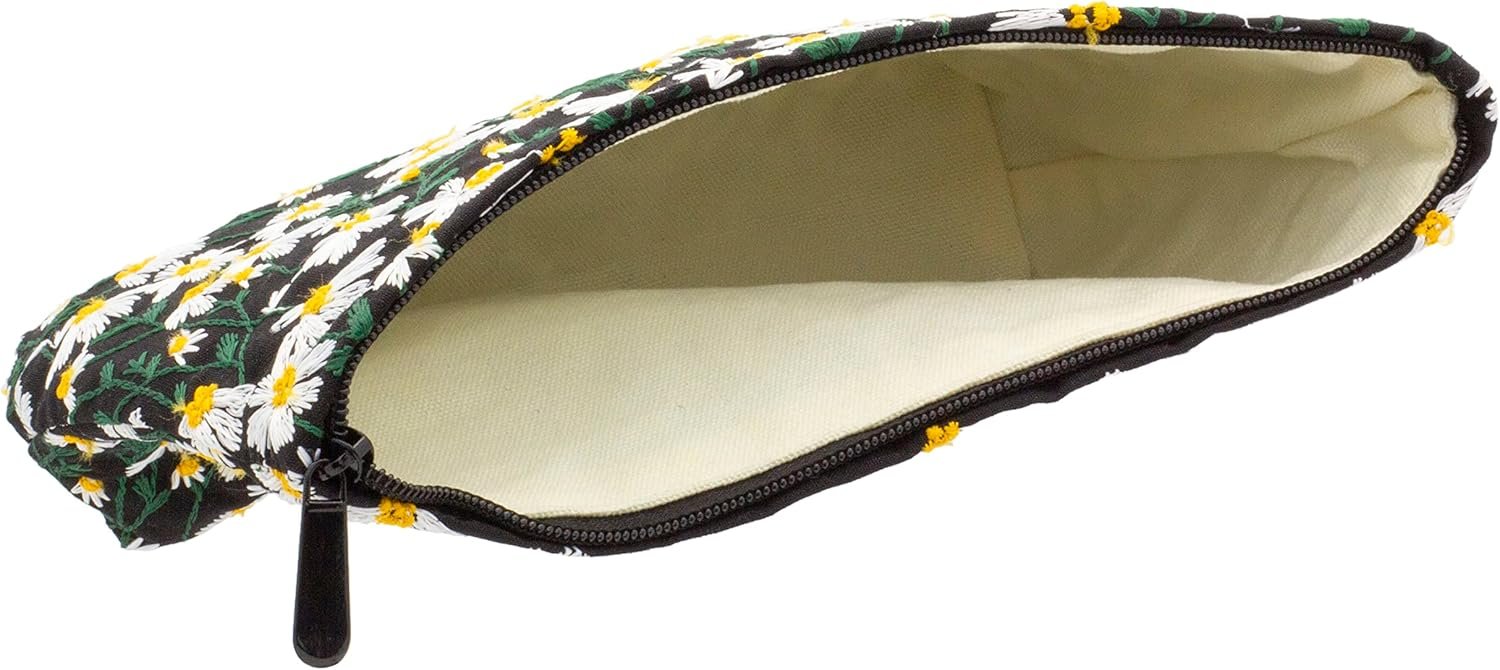 Private Label Large Canvas Makeup Bags Zipper Cosmetic Travel Pouch Custom Logo Organizer Manufacturer for Women and Girls Daisy Black