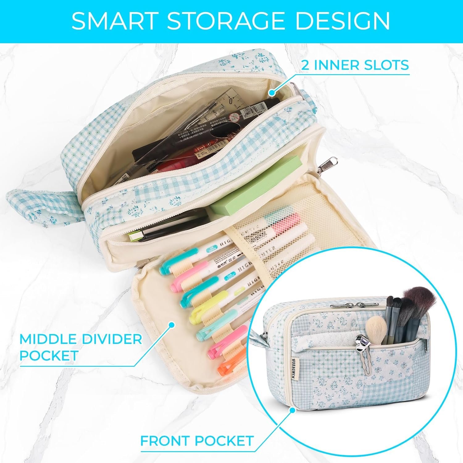 Private Label Large Quilted Pencil Pouch for Girls Women with Custom Logo Compartments Cute Aesthetic Floral Pencil Case Organizer Manufacturer for School Supplies (Green Blue Pin)