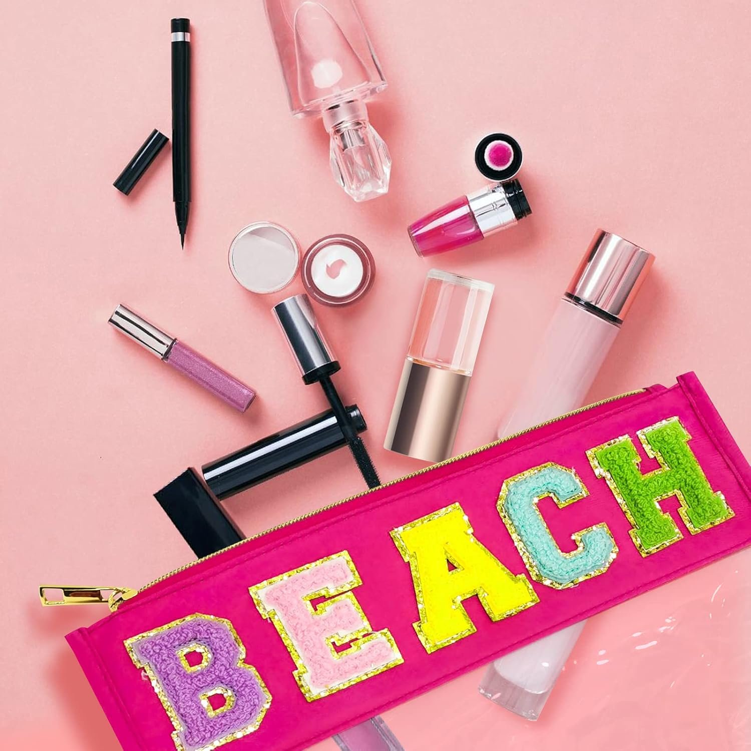 Custom Logo Chenille Letter Clear Beach Bag Nylon Makeup Zipper Pouch Private Label Travel Cosmetic Toiletry SPF Sunscreen Bag Waterproof Beach Vacation Accessories for Women Rose Red Manufacturer