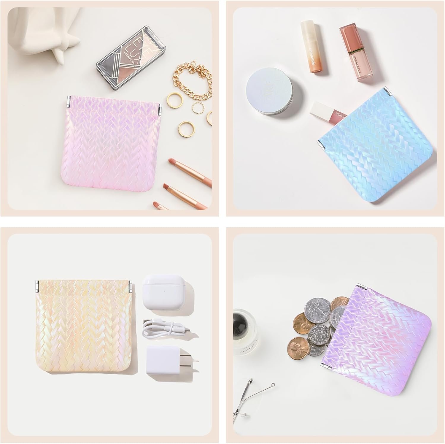Custom Logo 4-Piece Holographic Small Makeup Bag Mini Cosmetic Pouch for Women, Private Label No Zipper Self-Closing Travel Organizer Coin Purse for Lipstick Cosmetics Jewelry Cards Coins, Waterproof Faux Leather Factory
