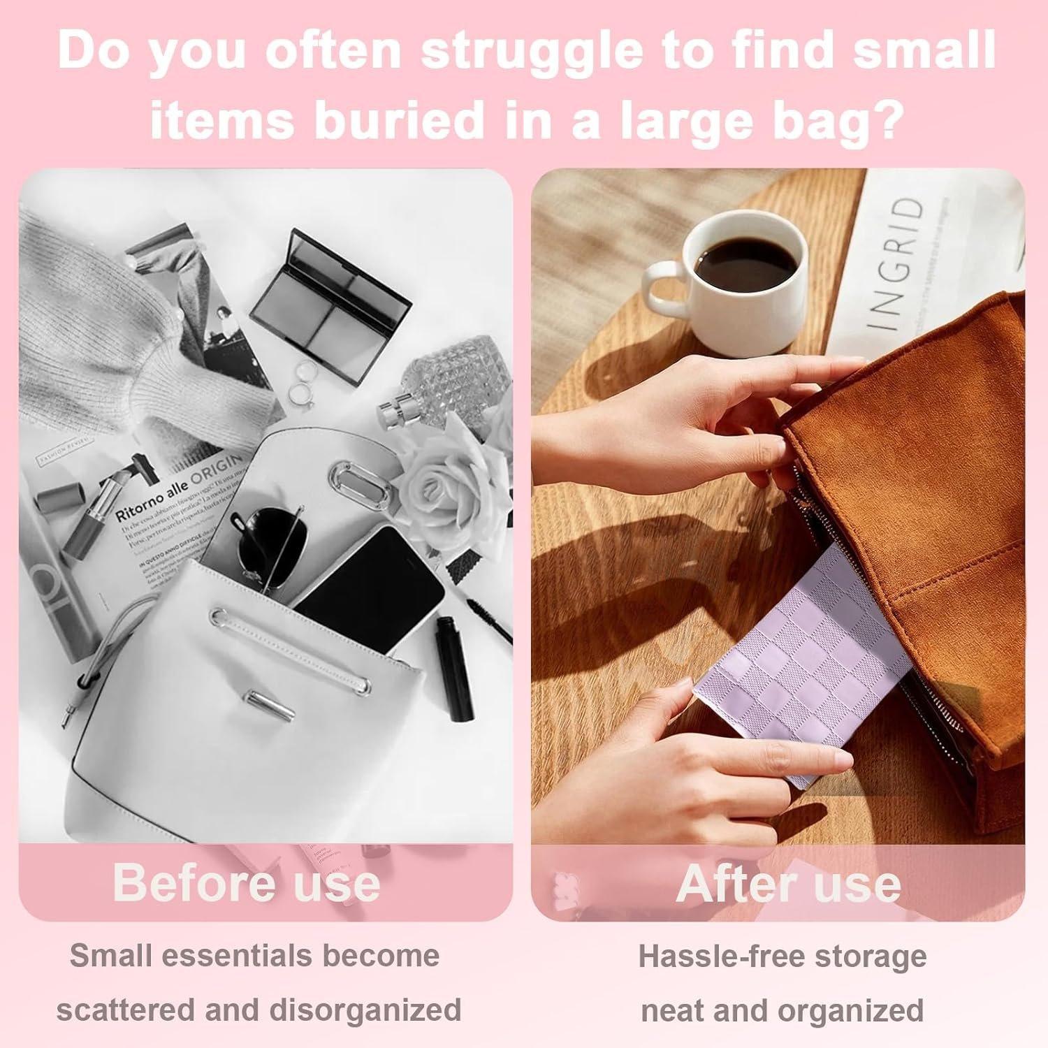 Private Label 4Pcs Small Checkered Leather Makeup Bags for Purse, Custom Logo Mini Purse Pouches and Coin Purse Organizers Manufacturer, Portable No Zipper Cosmetic Bags for Women (Pink, Purple)