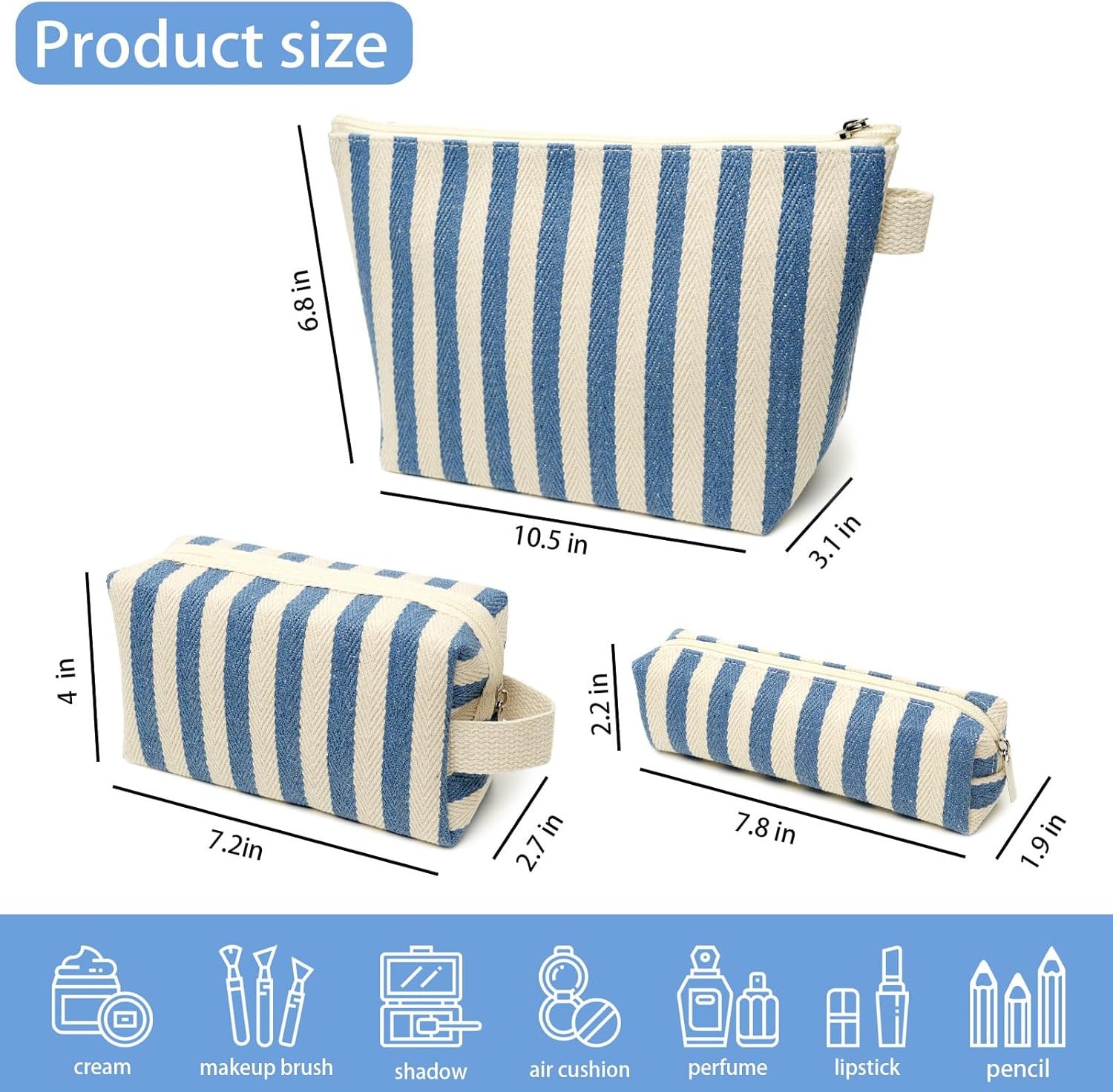 Custom Logo 3 Pcs Striped Canvas Makeup Bag Set Private Label Cosmetic Purse for Women Travel Toiletry Pouch Organizer Pencil Case Manufacturer (Blue-White)