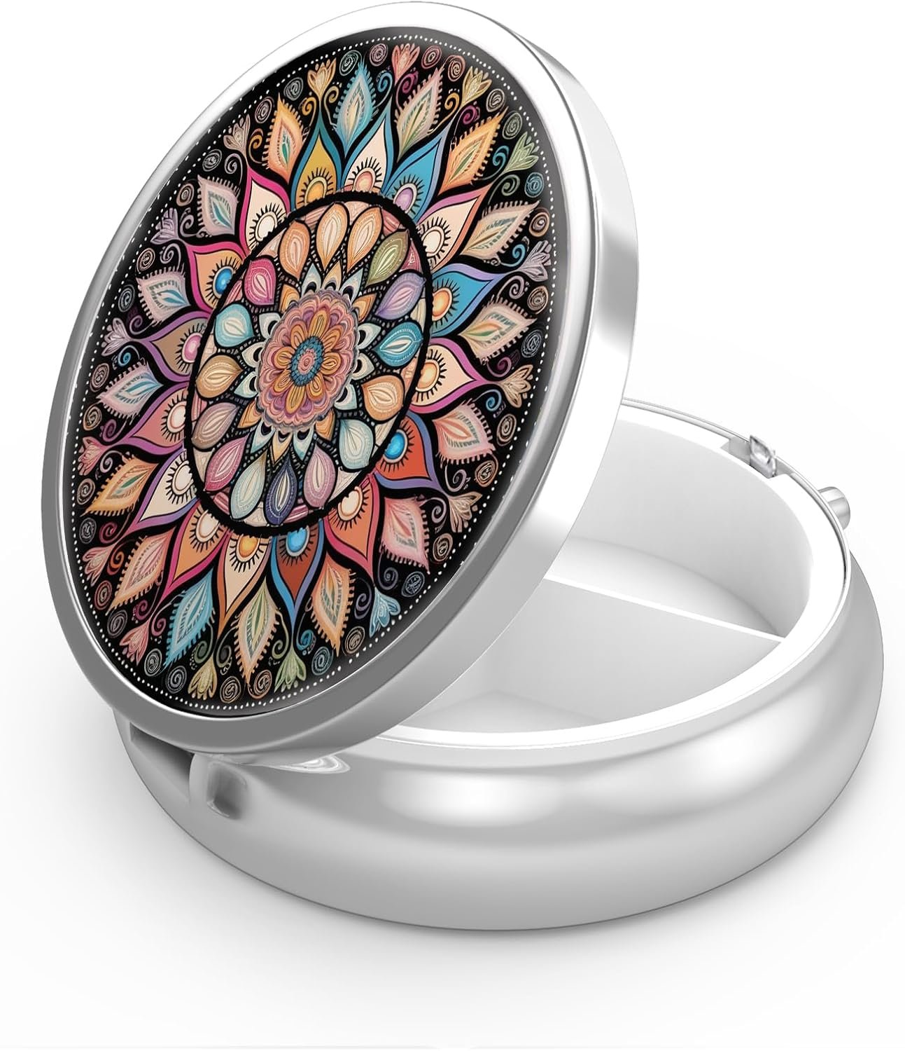 Private Label 3 Compartment Small Portable Pill Box for Pocket Purse Custom Logo Pill Organizer Vitamins Medication Fish Oil Supplements Colorful Mandala Manufacturer