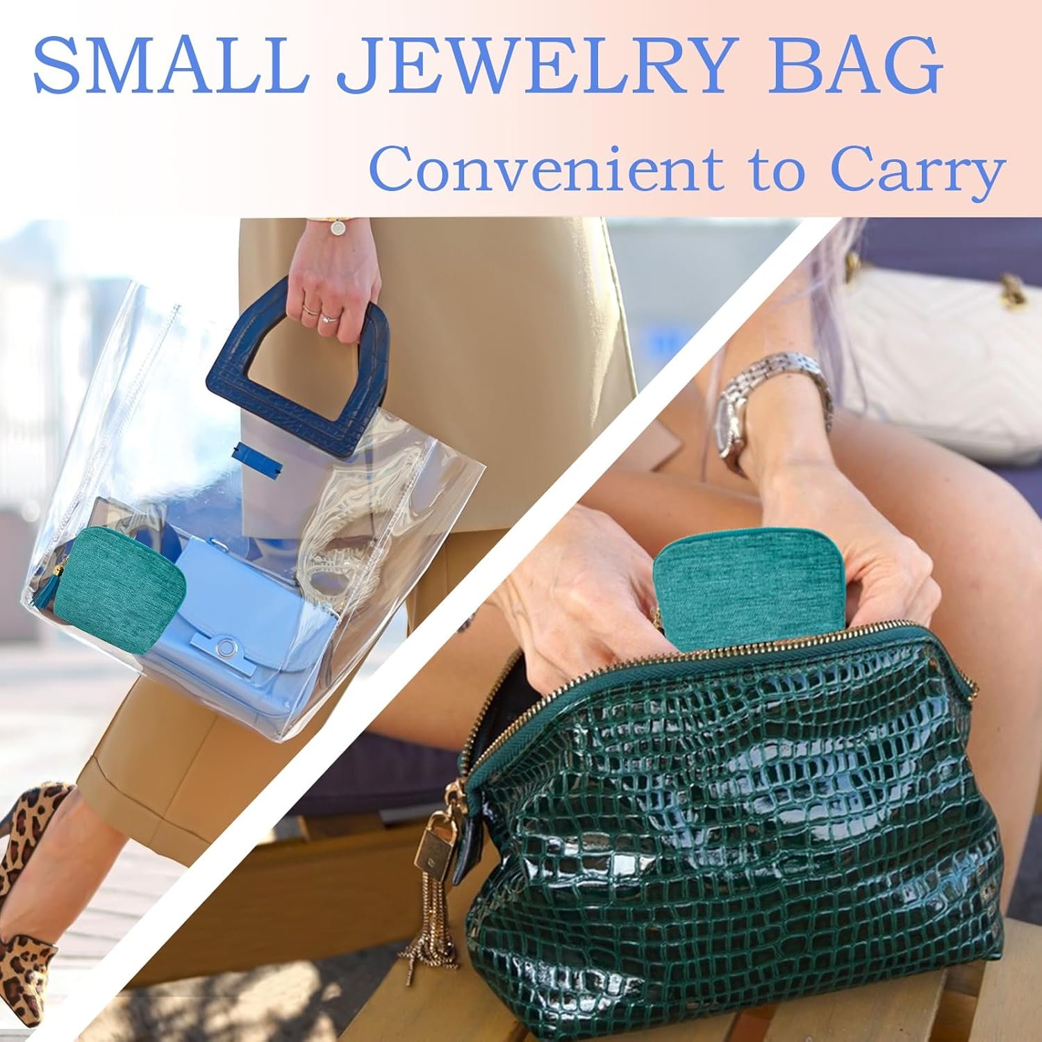 Private Label Travel Jewelry Case Small Organizer Storage Bag with Zipper & Tassel Custom Logo 5 Pockets for Necklaces Bracelets Earrings Rings (3.5 x 3.3 Inch Inner Bag Lake Blue) Factory