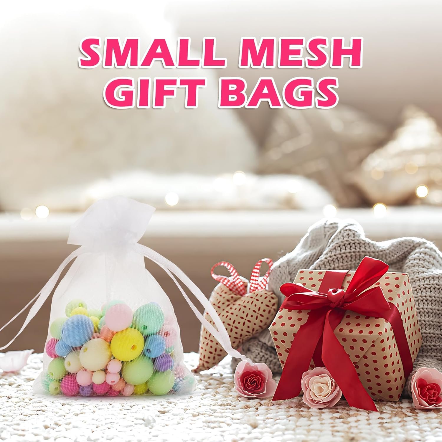 Custom Logo 50PCS 3x4 White Organza Bags Small Private Label Gift Bags Bulk Drawstring Mesh for Jewelry Candy Wedding Bridal Baby Shower Party Favor Supplier for Easter Mothers Day Birthday