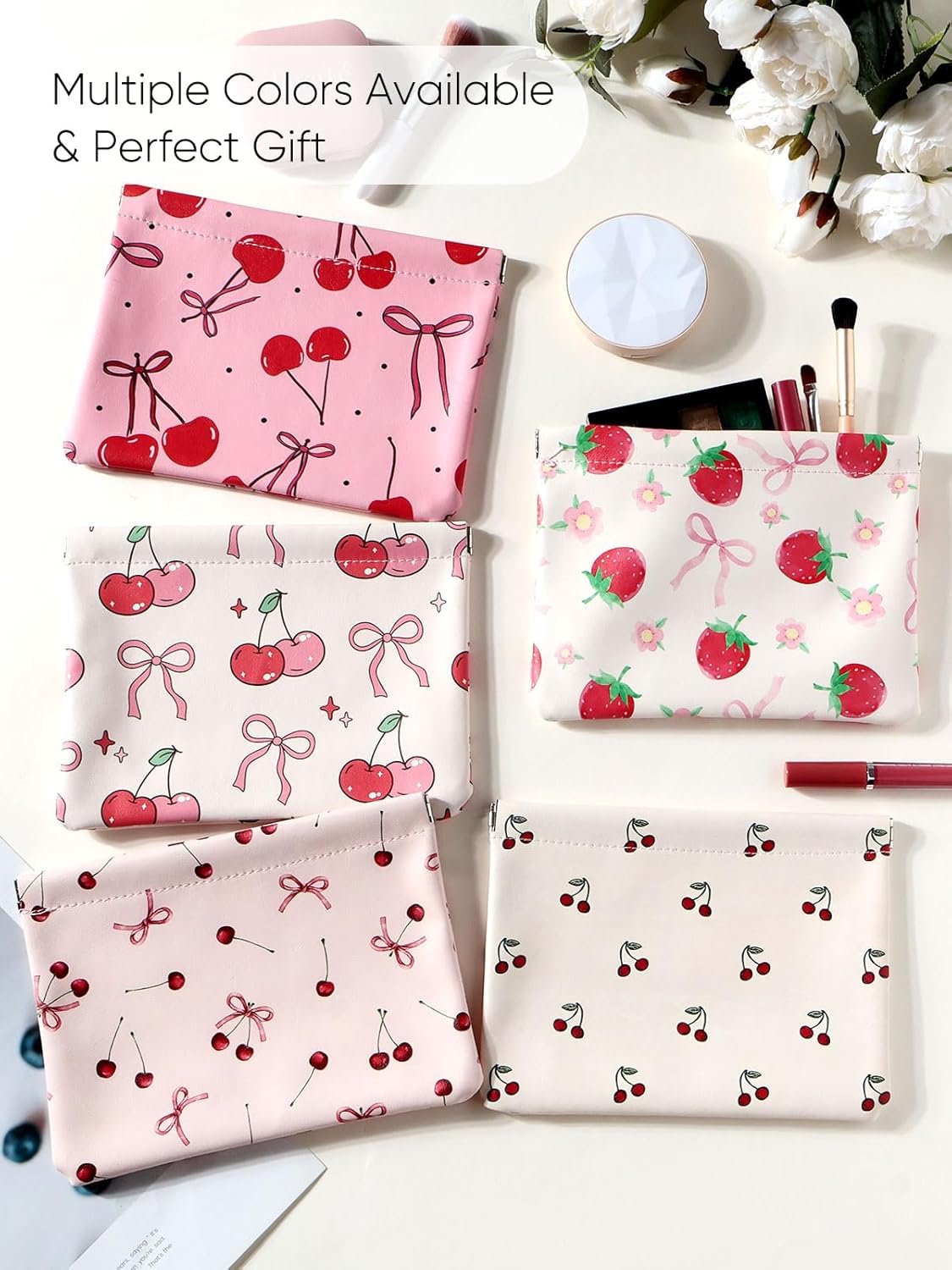 Private Label Red Cherry Bow Pink Leather Small Makeup Pouch Set for Women Custom Logo Waterproof Cherries Cosmetic Bags Pouches for Purse Aesthetic Travel Toiletry Bag Manufacturer