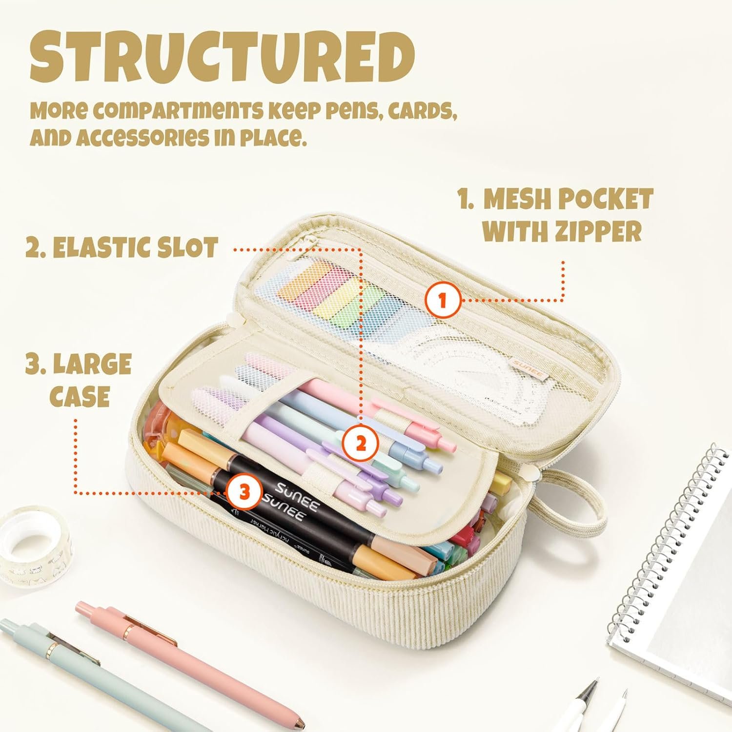 Custom Logo Cute Large Capacity Pencil Case Aesthetic Zipper Pencil Pouch Big Storage Soft Corduroy Pen Organizer Private Label Back to School Supplies for Teen Girls Boys Beige Supplier