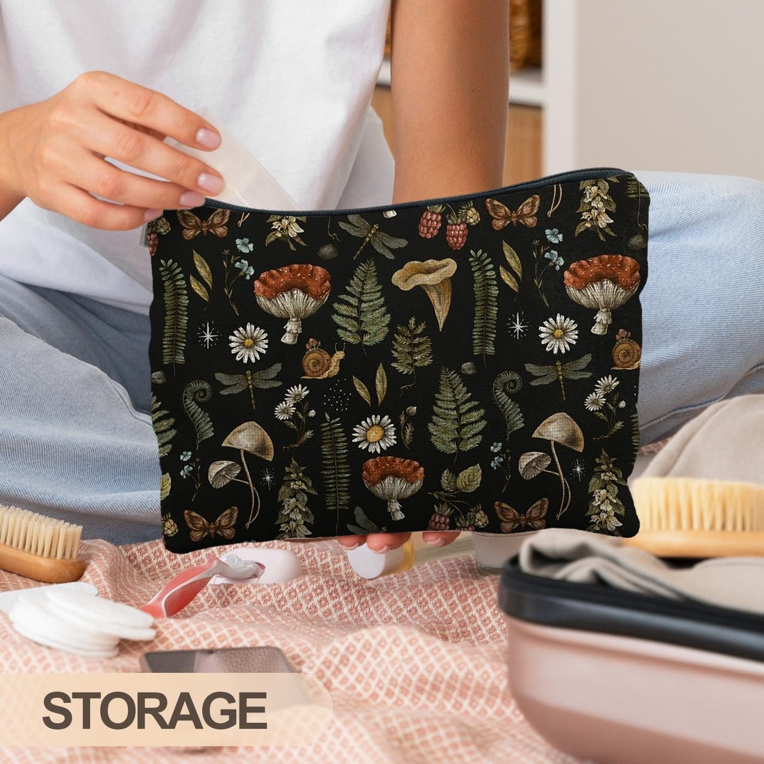 Custom Logo Dark Forest Cottagecore Mushroom Makeup Bag - Private Label Forest Cosmetic Bag for Mushroom Lovers Gifts Manufacturer
