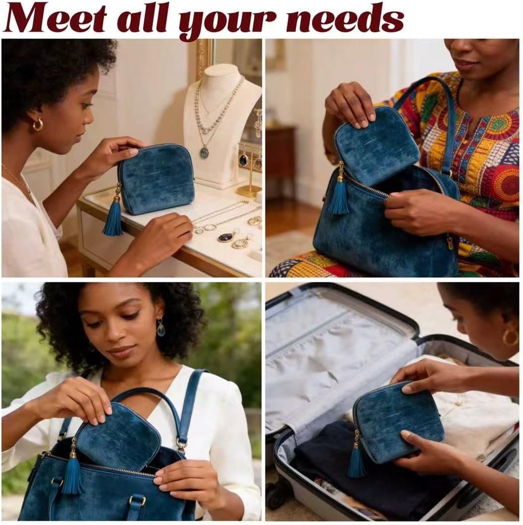 Custom Logo Small Travel Jewelry Case for Women 5-Layer Velvet Organizer Pouch with Zipper Private Label Anti-Scratch Portable Bag for Bracelets Rings Earrings Necklaces from Factory (Gem Blue)