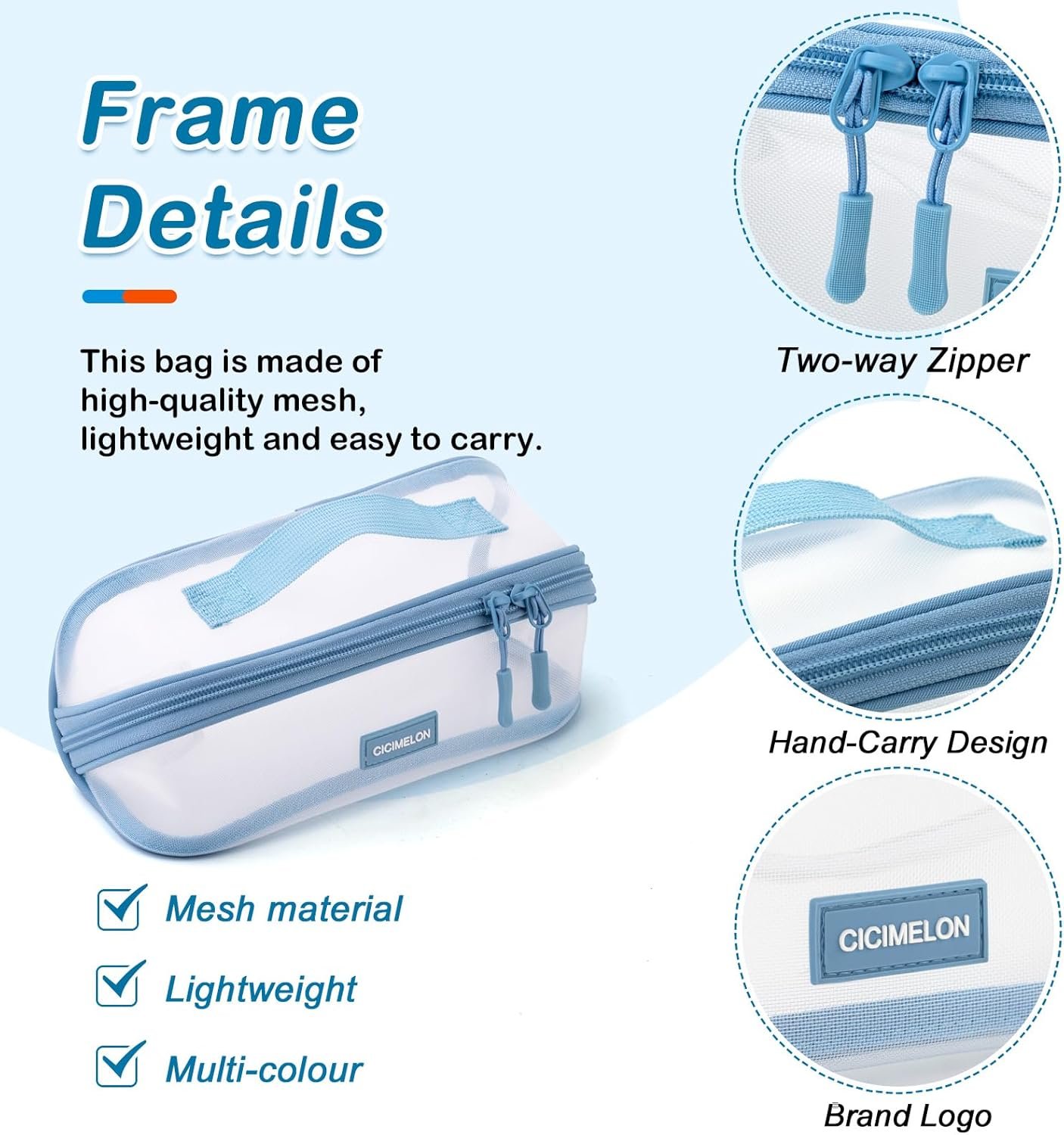 Supplier Transparent Mesh Pencil Pouch with Handle Custom Logo Big Case Clear Pen Bag Private Label College Essentials School Supplies Light Blue