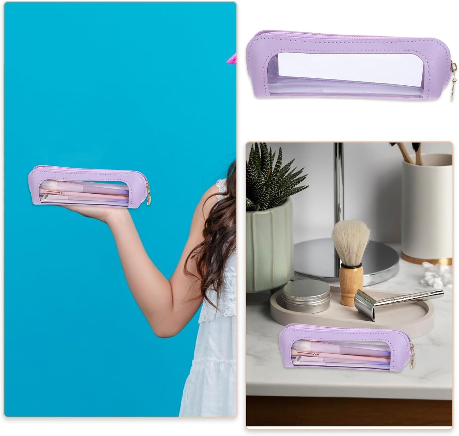 Private Label Clear PU Leather Small Makeup Brush Pouch Manufacturer Portable Travel Mini Cosmetic Organizer Transparent Waterproof with Zipper Custom Logo for Women Home Office Purple