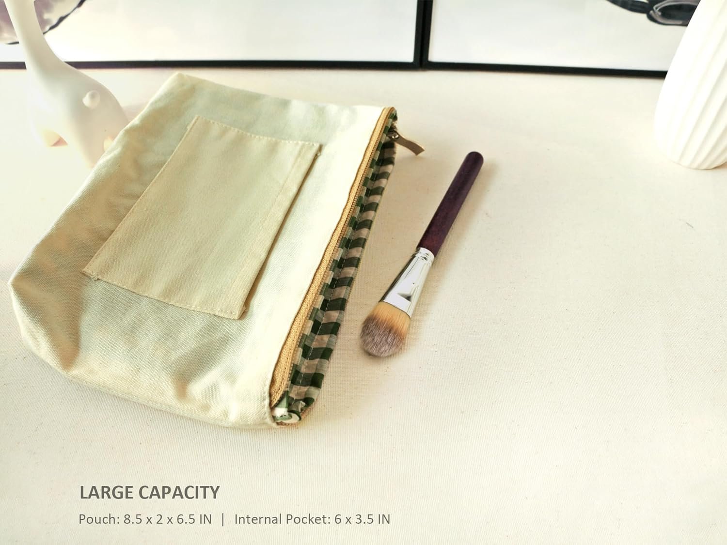 Custom Logo Large Cute Green Checker Makeup Bag with Compartment Private Label Cosmetic Travel Pouch Nylon Fabric Purse Organizer Canvas Lined Beige Plaid Supplier