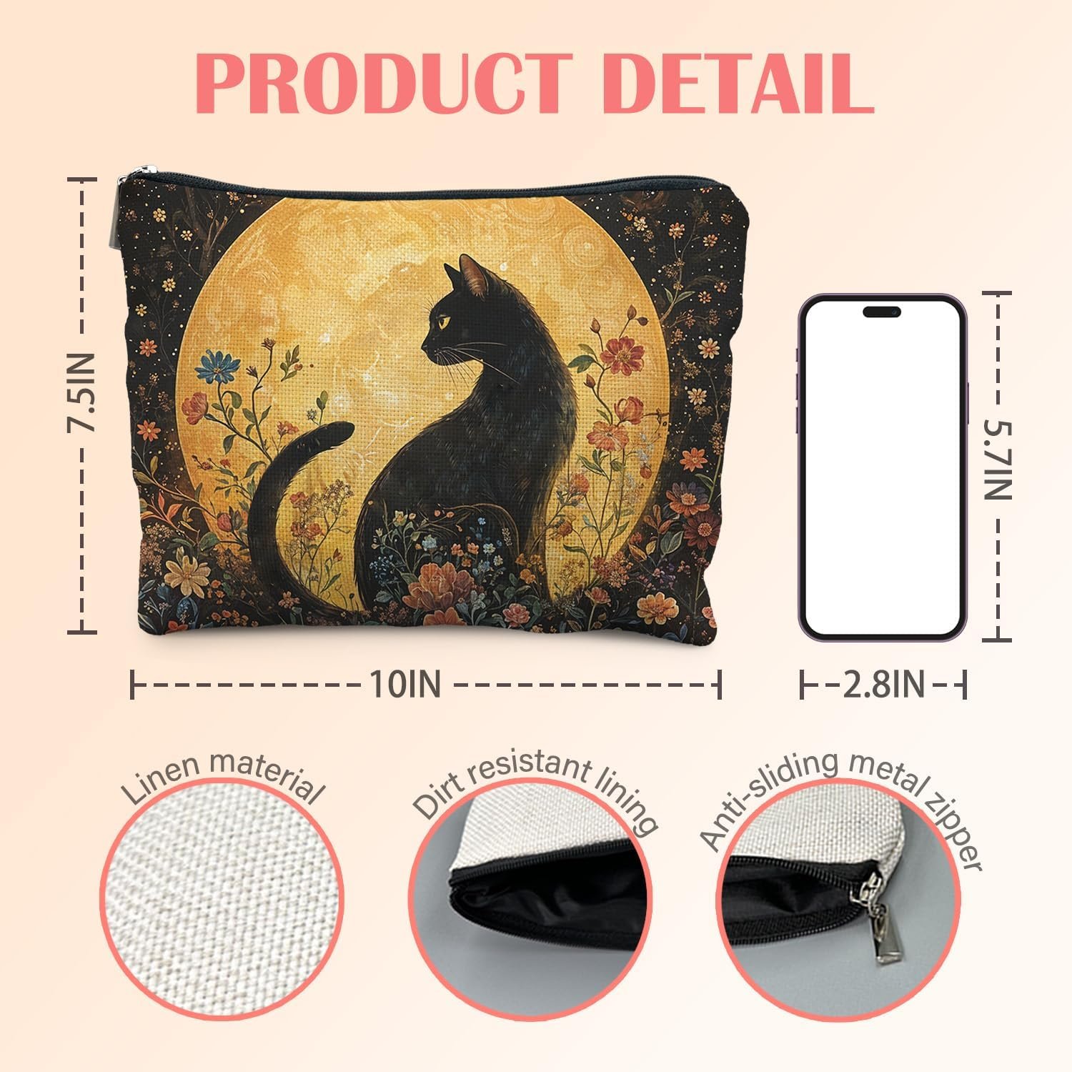 Private Label Witchy Floral Black Cat Makeup Bag for Women Custom Logo Full Moon Dark Cottagecore Cosmetic Zipper Pouch Mysterious Gothic Manufacturer