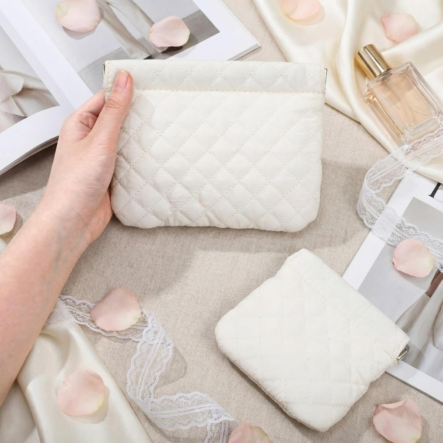 Manufacturer 2 Pcs Small Puffy Pocket Makeup Bag Quilted Cosmetic Bag Organizer for Women Custom Logo Padded Squeeze Coin Lipstick Purse Pouch Travel Self-Closing Snap Closure No Zipper Private Label White