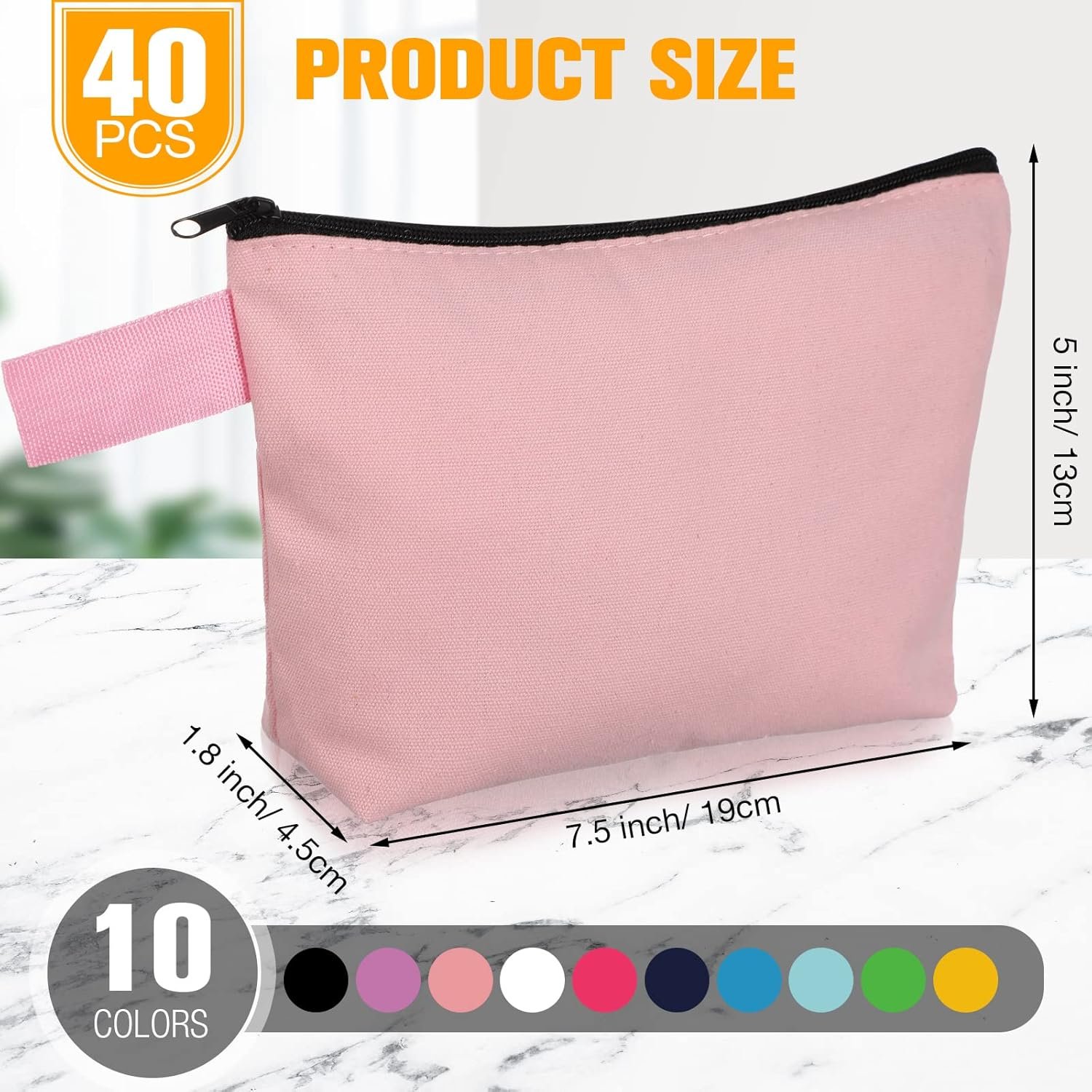 Private Label 40 Pack Bulk Canvas Makeup Cosmetic Bags Custom Logo Zipper Pouch with Bottom Multi-Purpose for Travel Purse Toiletry Pencil DIY Manufacturer 10 Colors 7.4 x 5.1 x 1.7 Inch