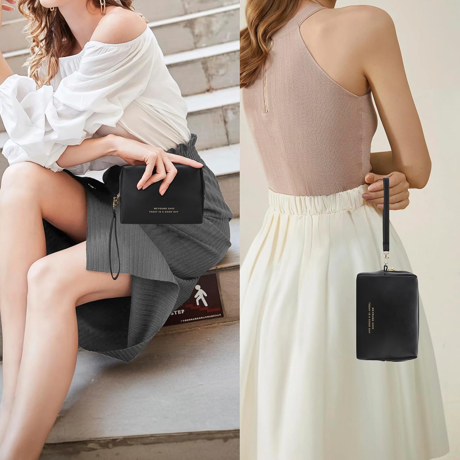 Manufacturer Small Makeup Bag Travel Cosmetic Toiletry Zipper Pouch Private Label Organizer with Handle Soft PU Leather Skincare Case Custom Logo for Women (Black)