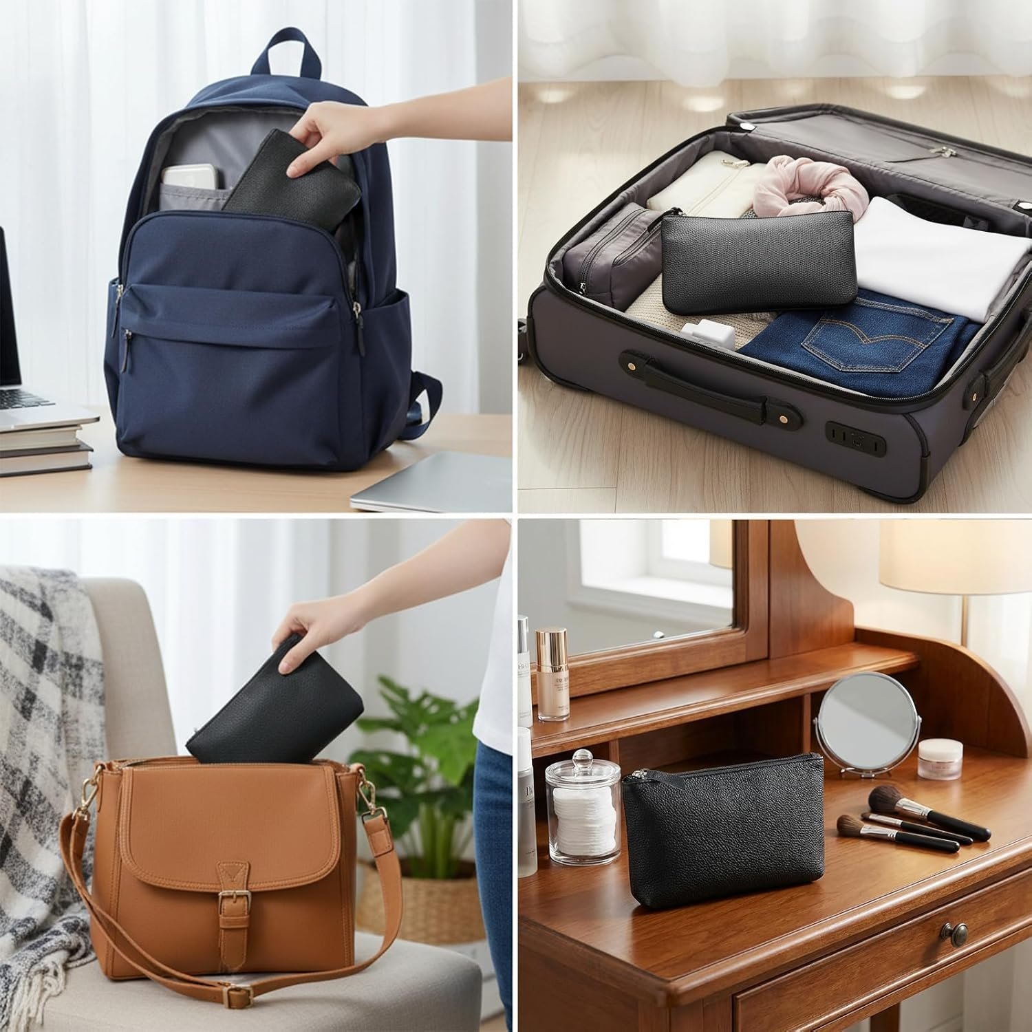 Private Label 2 Pack Black Faux Leather Cosmetic Bags with Custom Logo Soft PU Leather Makeup Pouch Portable Zipper Travel Organizer for Women Purse Cosmetics Supplier