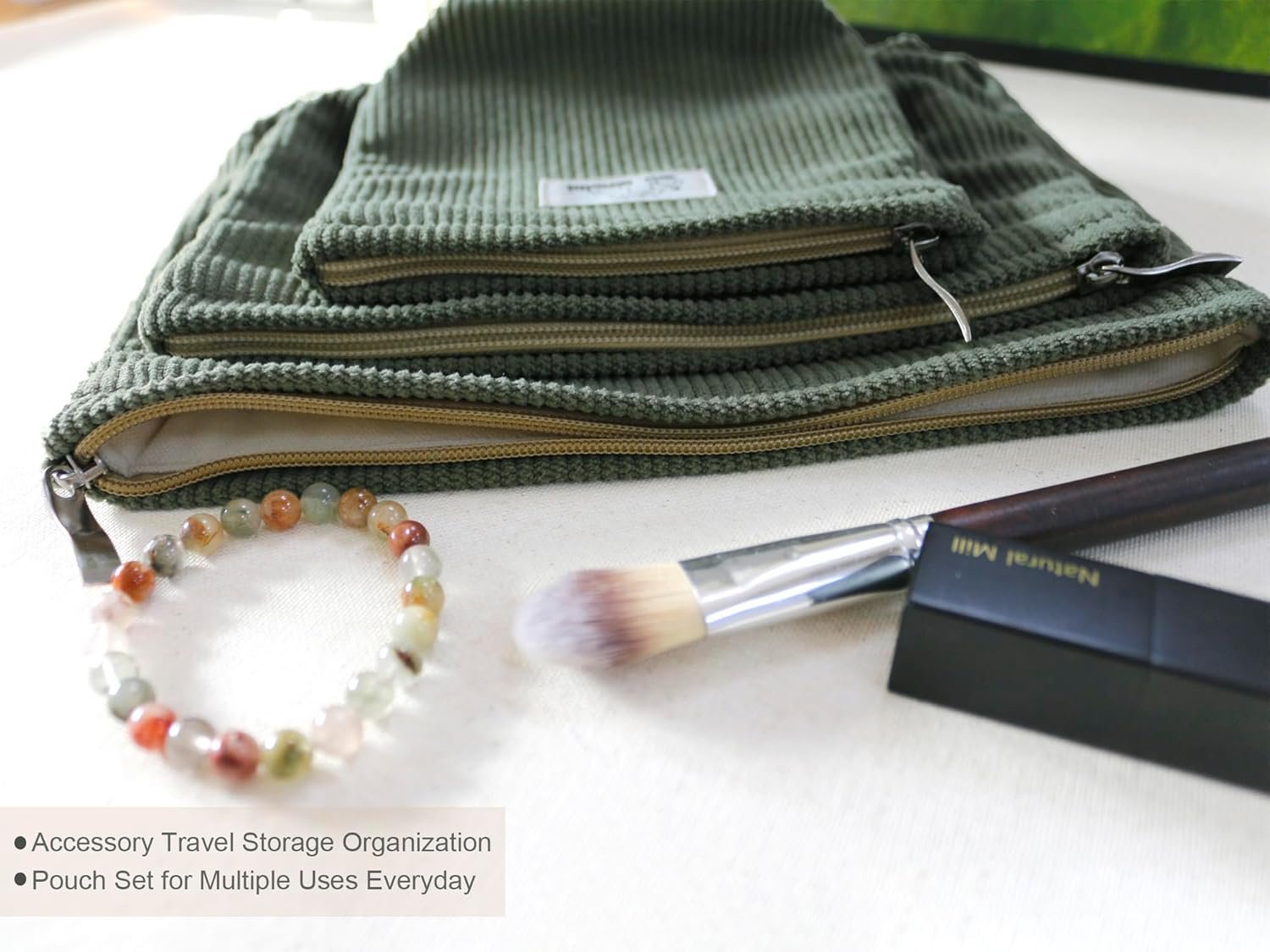 Custom Logo Corduroy Makeup Bag Set 3 Private Label Cosmetic Toiletry Travel Pouch Organizer Large Medium Small Solid Sage Green Manufacturer