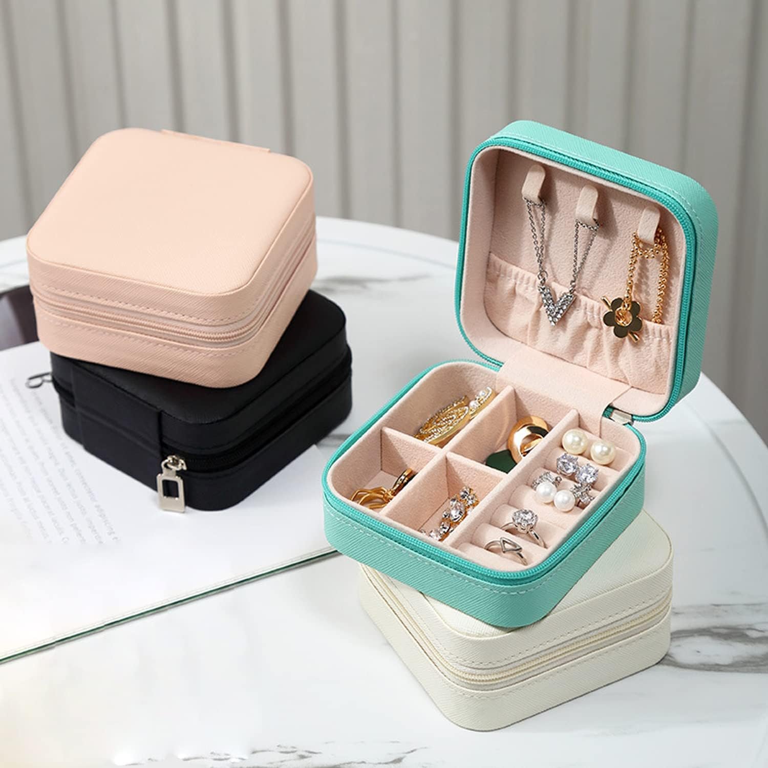 Private Label Mini Jewelry Travel Case Manufacturer PU Leather Small Portable Organizer Box Storage Holder for Womens Rings Earrings Necklaces Bracelets Custom Logo (Black)