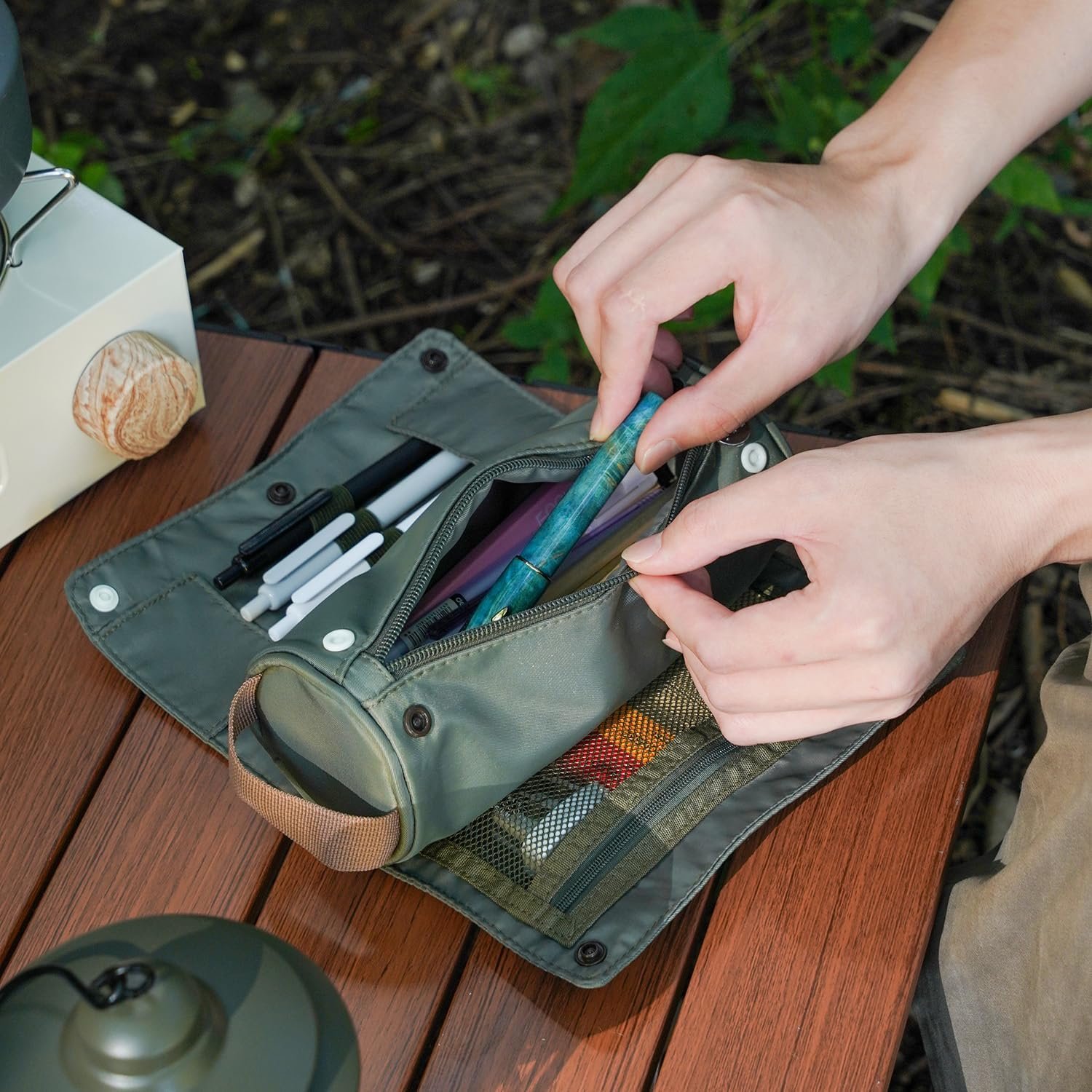 Private Label Large Capacity Pencil Case Roll Up Design Custom Logo Multifunctional Pencil Holder Pouch Stationery Pen Bag Manufacturer for Teen Girls and Boys Camping Style Green