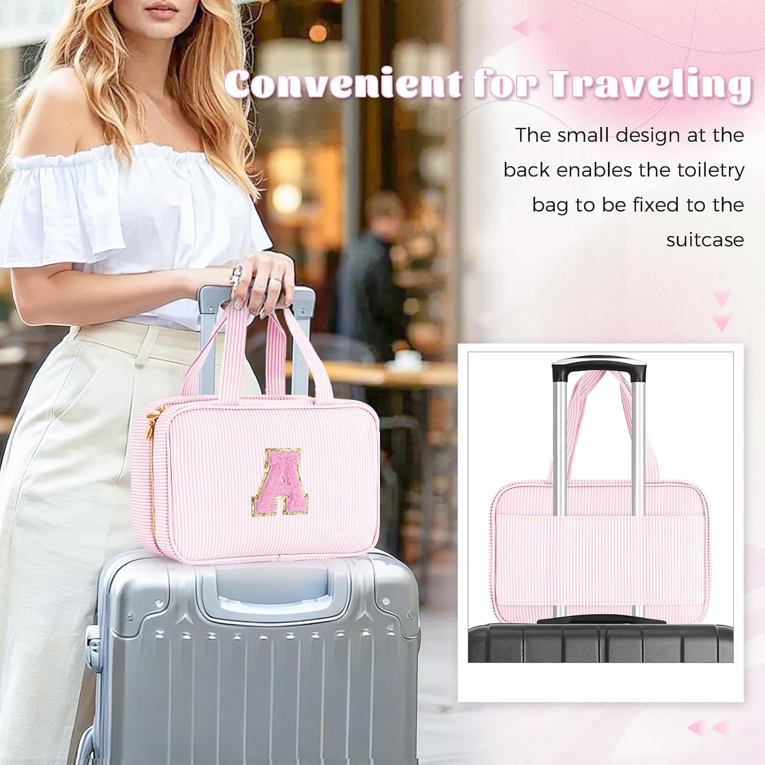 Private Label Easter Basket Stuffers Toiletry Bag Initial Makeup Bag Custom Logo Travel Cosmetic Bag for Teen Girls Women 8 9 10 11 12 13 14 15 16 Years Old Trendy Pink Gifts Direct Manufacturer