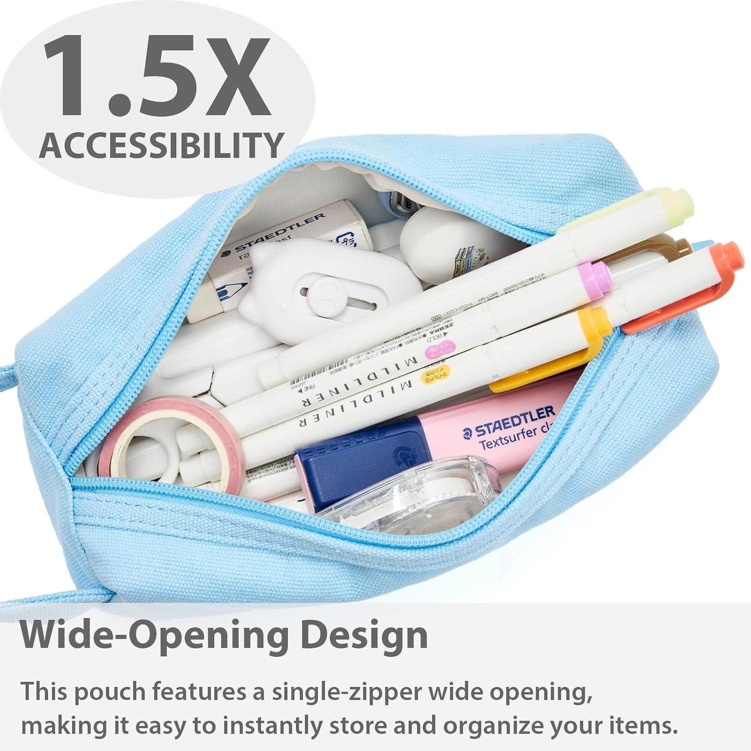 Private Label Large Capacity 1200ml Pencil Case Pouch Bag School Supplies for Girls Boys Kids Aesthetic Canvas Pen Organizer Sky Blue Simple Preppy Style Manufacturer Custom Logo