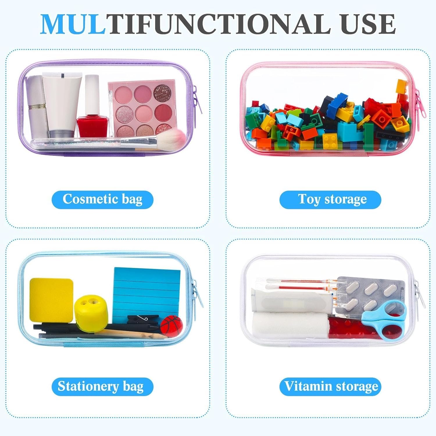 Private Label 4 Pcs Hard Clear Zipper Makeup Bags Transparent Plastic Storage Pouches for Cosmetics Snacks Building Blocks Puzzles Custom Logo 7.5 x 3.9 x 2 in Multicolor Manufacturer