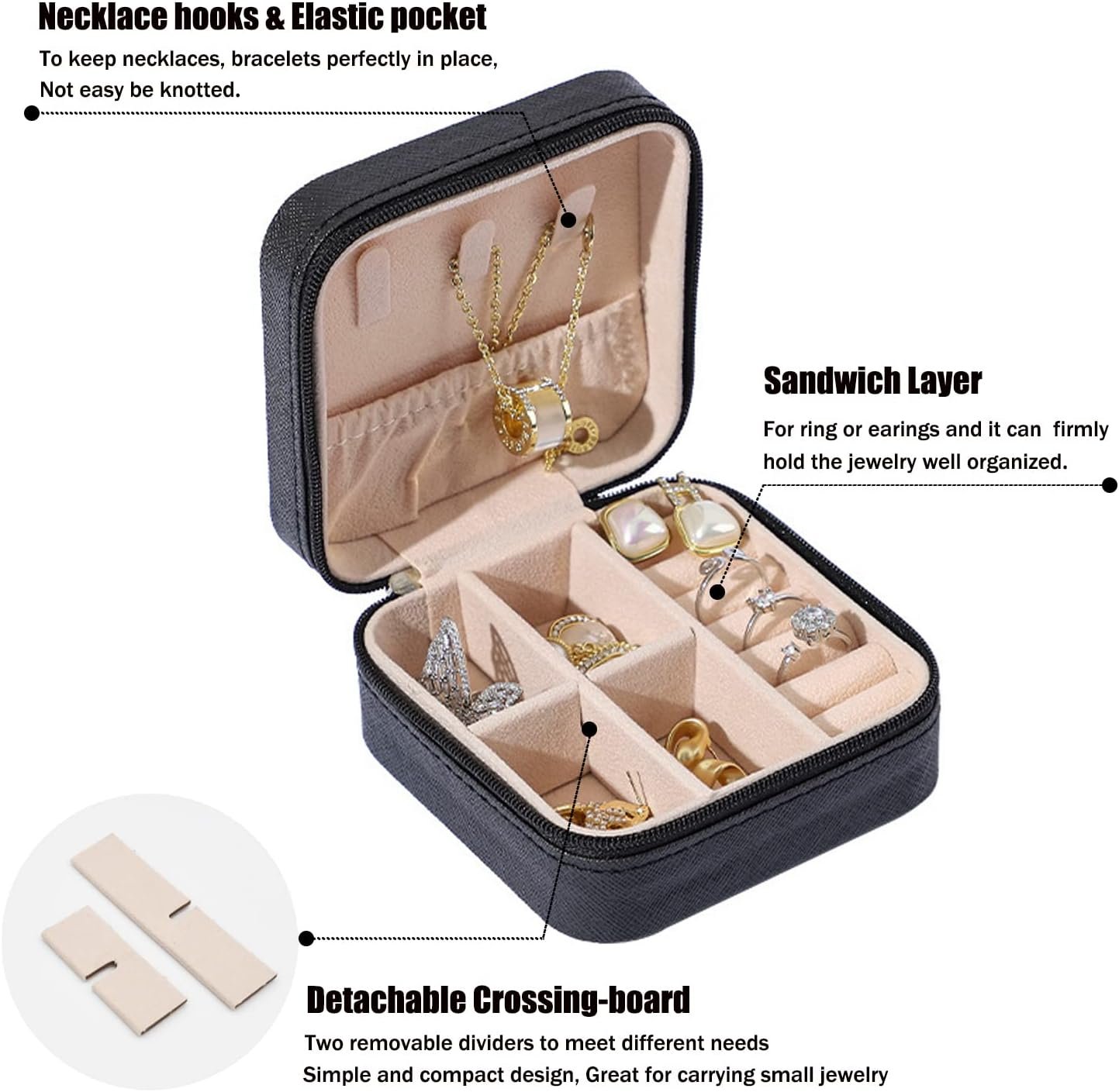 Private Label Mini Jewelry Travel Case Manufacturer PU Leather Small Portable Organizer Box Storage Holder for Womens Rings Earrings Necklaces Bracelets Custom Logo (Black)